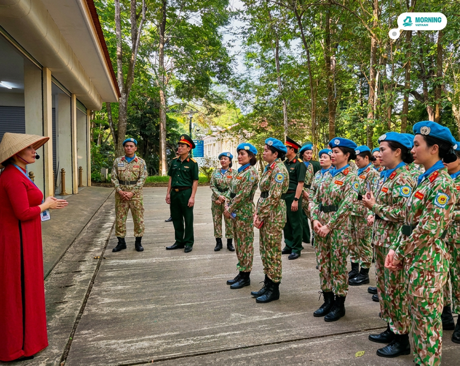 Tour guide at the Presidential Palace compound with military personnel